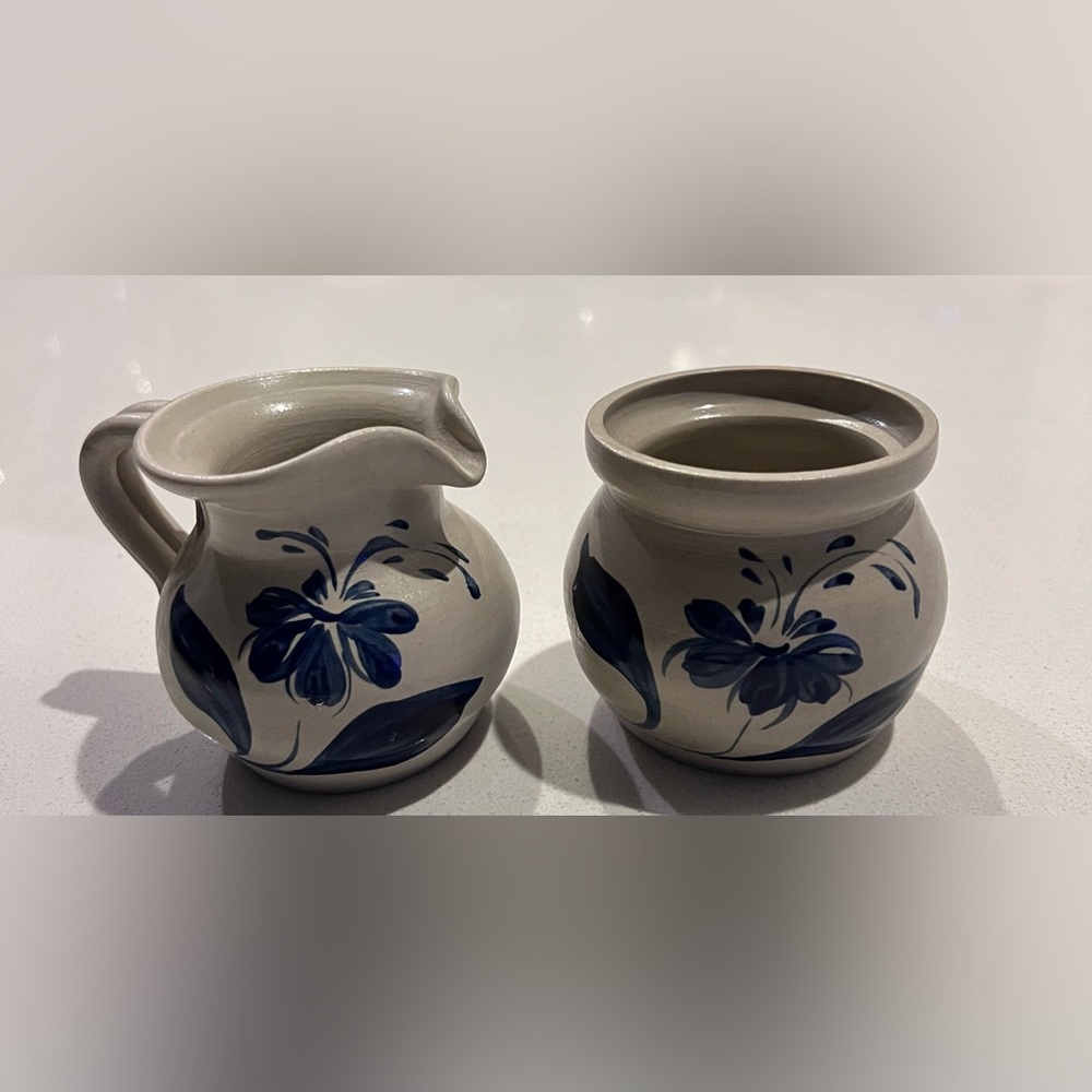 Williamsburg Glazed Pottery Sugar Dish And Creamer Pitcher Ceramic gray white